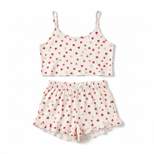 Women's white love print pajama set tank top and shorts