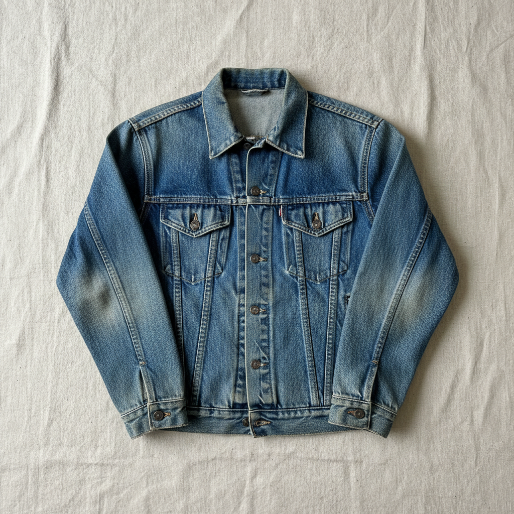 Vintage denim jacket laid flat on neutral background