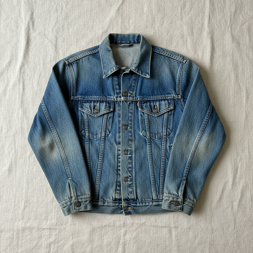 Vintage denim jacket laid flat on neutral background
